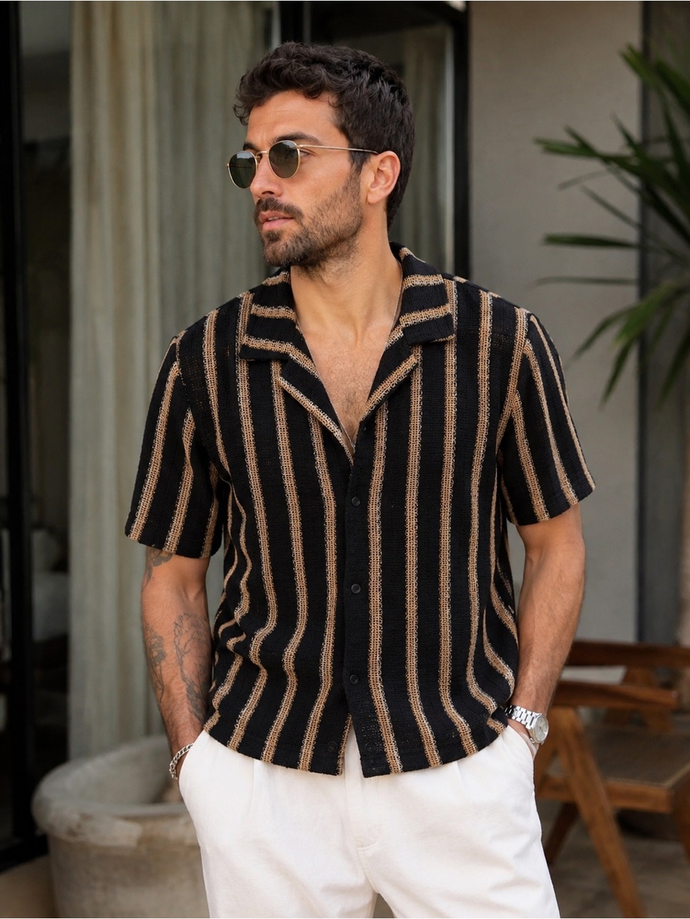 NovaMEN Black & Tan Striped Knit Button-Up Shirt – XL